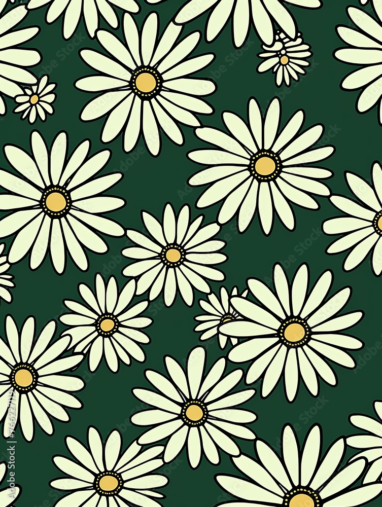 Daisy pattern, hand draw, simple line, green and black