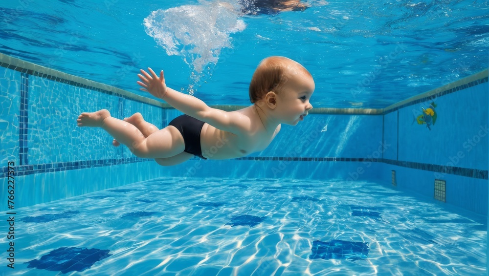 Adorable baby girl swimming underwater in pool on a sunny summer day
