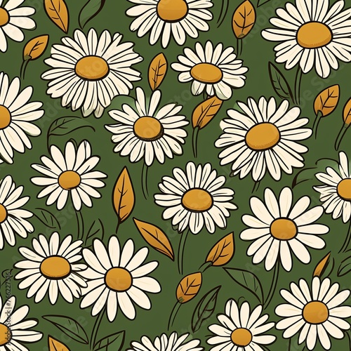 Daisy pattern, hand draw, simple line, green and brown © Celina