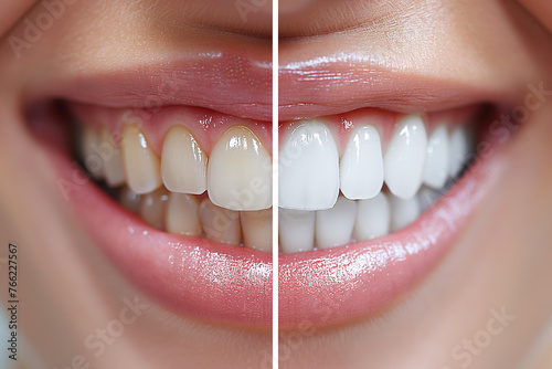 female open mouth with white teeth before and after the dental whitening procedure close-up