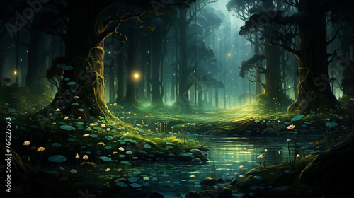 Magical forest depicted in watercolor of twilight ambiance enhanced by mystical fireflies hovering over a calm river  a mesmerizing composition.