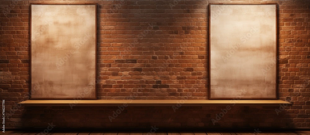 Two empty brown rectangular frames hang on a hardwood shelf in front of a brick wall. The wood stain matches the flooring, creating a cohesive look against the backdrop of the brickwork Two empty brown rectangular frames hang on a hardwood shelf in front of a brick wall. The wood stain matches the flooring, creating a cohesive look against the backdrop of the brickwork