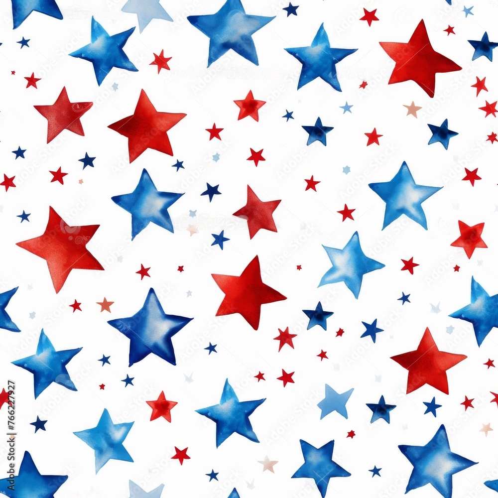 Obraz premium Watercolor asbtract stars background in red and blue colors. USA national holiday concept background. Seamless background.