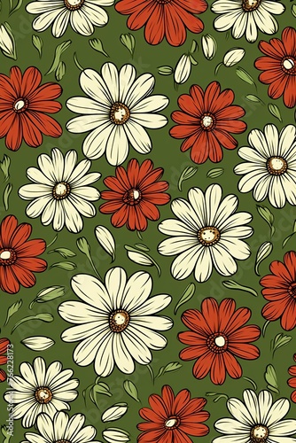 Daisy pattern  hand draw  simple line  green and burgundy