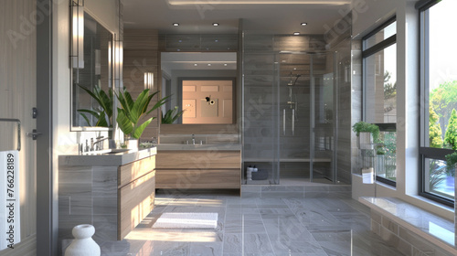 A contemporary bathroom with a monochromatic color scheme, featuring gray tile walls, a floating vanity with a marble countertop, and a walk-in shower with glass doors