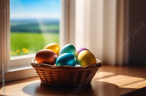 Colorful Easter eggs in a basket on a spring day near the window with the rays of the sun. The concept is a Christian holiday.
