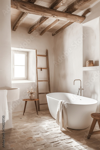 Bathroom in an old Italian farmhouse  with white walls and wood beams on ceiling  terracotta tiles on floor  a freestanding bathtub with a wooden ladder leaning against a wall to the left side of tube