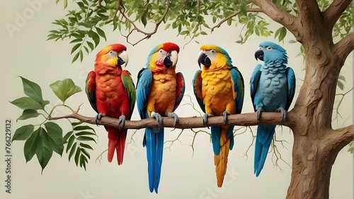 At the top of the tree, a majestic parrot family nestles together, representing the unity and bond shared among all parrot species despite their differences. It's a reminder of the interconnectedness  photo