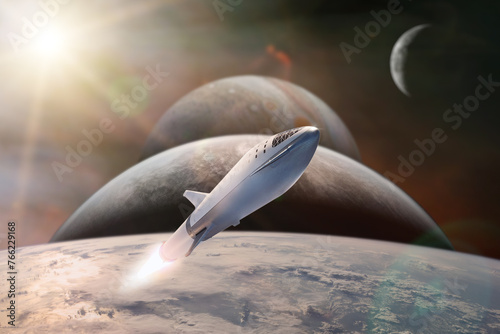 Fototapeta Naklejka Na Ścianę i Meble -  Starship taking off on a mission on background of alien planets in the outer space. Elements of this image furnished by NASA.