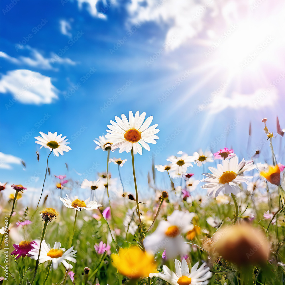 Sunny Spring Meadow Colorful Wildflower Landscape Under Blue Sky