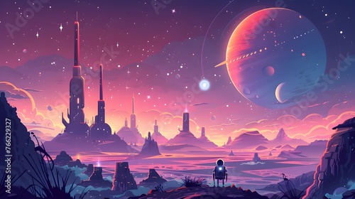 Otherworldly Cosmic Landscape with Futuristic Alien Architecture and Solitary Figure