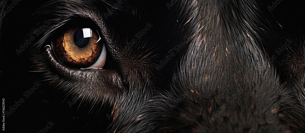 A closeup of a black carnivores eye in the darkness, showcasing its whiskers and fur. This terrestrial animal belongs to the Felidae family, known for small to mediumsized cats - obrazy, fototapety, plakaty 