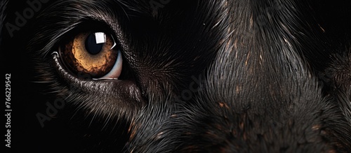 A closeup of a black carnivores eye in the darkness, showcasing its whiskers and fur. This terrestrial animal belongs to the Felidae family, known for small to mediumsized cats photo