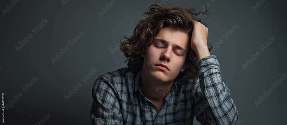 A troubled and overwhelmed young man is sitting with his head in his hands, showing signs of distress and anxiety A troubled and overwhelmed young man is sitting with his head in his hands, showing signs of distress and anxiety