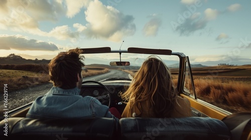 couple embarking on a road trip adventure, with the windows down and the wind in their hair as they drive through scenic countryside
