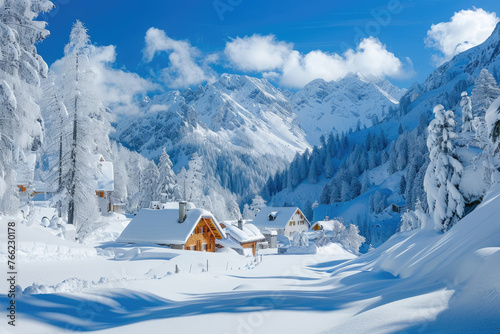 Beautiful winter landscape of ski resort village in the Alps with snowcovered mountains and buildings on sunny day