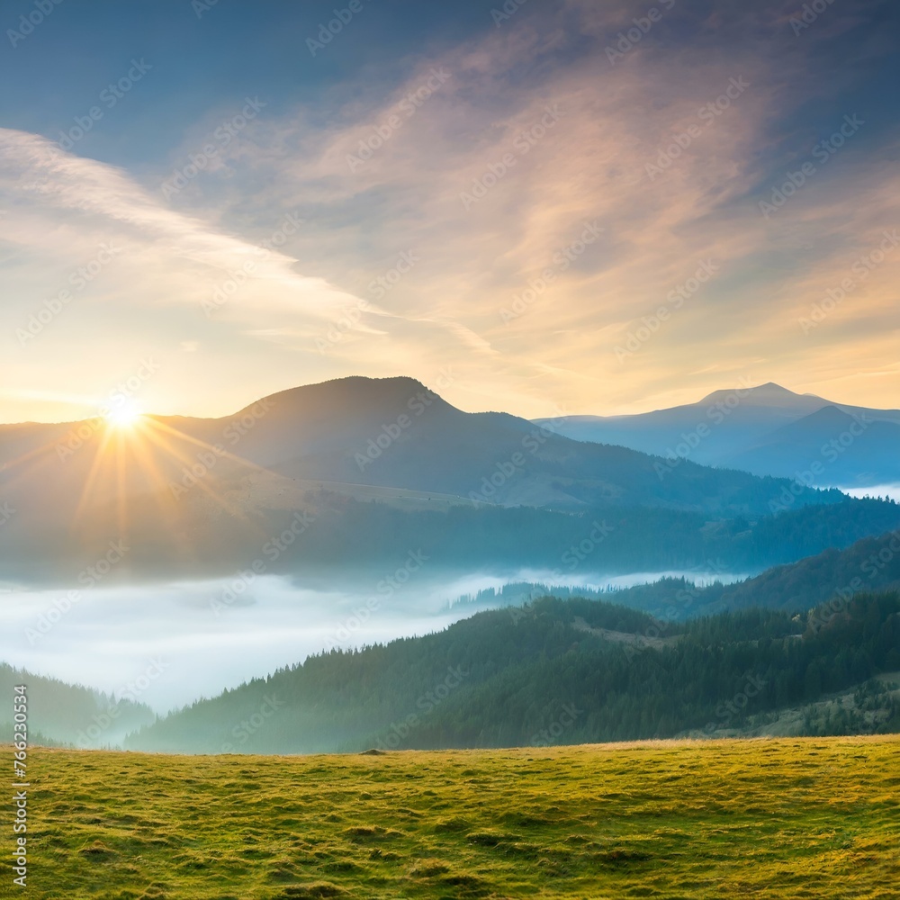 Golden Sunrise and Misty Mountains Panorama