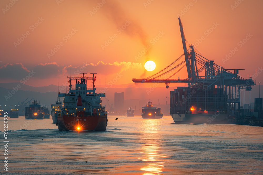 A serene harbor scene at sunset with ships, cranes, and reflections on the water A serene harbor scene at sunset with ships, cranes, and reflections on the water