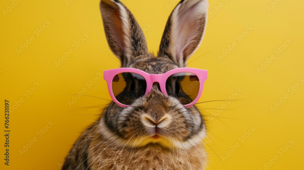 Cool Easter Bunny with Pink Sunglasses: A Humorous and Festive Animal Celebration Greeting Card Concept Isolated on a Bright Yellow Background