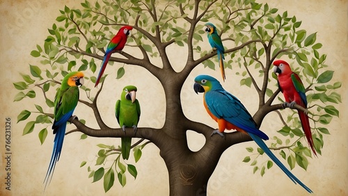 birds on a branch, 
In this creative and imaginative rendering, envision a parrot family tree that transcends the ordinary to capture the essence of diversity and interconnectedness among different pa photo