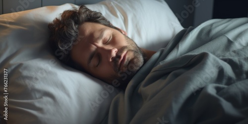 calmly sleeping man in his bed Generative AI photo