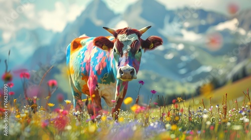 Psychedelic colorful cow on floral spring meadows with mountains in the background.
Psychedelic colorful cow on floral spring meadows with mountains in the background.
 photo