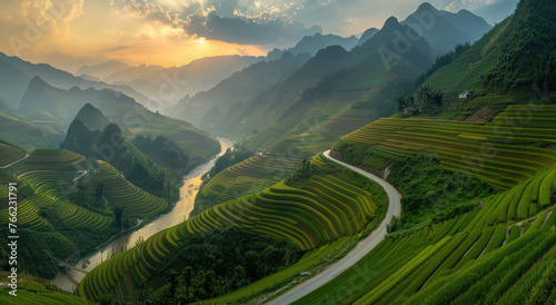 A panoramic view of terraced rice fields in Vietnam  with the winding river flowing through them and lush greenery on mountainsides