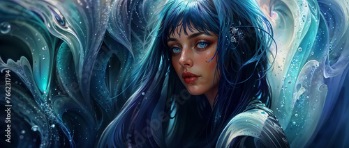 Mythical siren princess with blue eyes and alluring ethereal grace, bewitching beauty and her long wavy hair flows with the ocean waters - fantasy role playing female portrait.