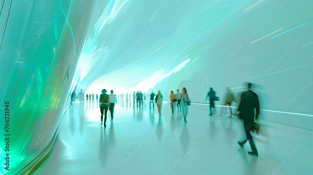 Blurred motion of people walking through a futuristic corridor. Blurred motion of people walking through a futuristic corridor.