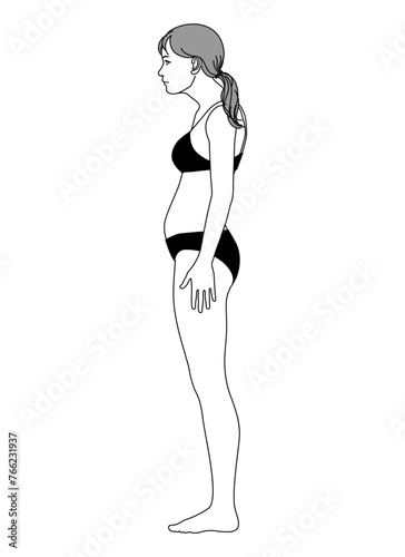 悪い姿勢 猫背の日本人女性のイラスト 全身横向き 横顔	