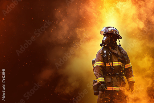 Firefighter in gear against blazing fire backdrop.