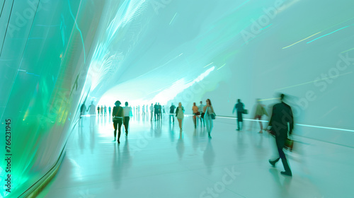 Blurred motion of people walking through a futuristic corridor.