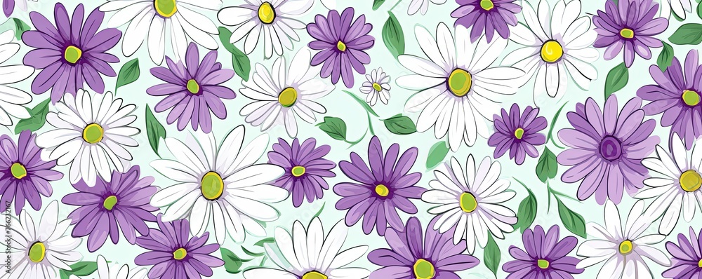Daisy pattern, hand draw, simple line, green and lilac