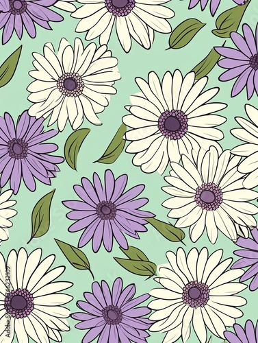 Daisy pattern  hand draw  simple line  green and lilac