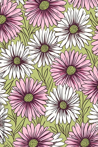 Daisy pattern  hand draw  simple line  green and magenta