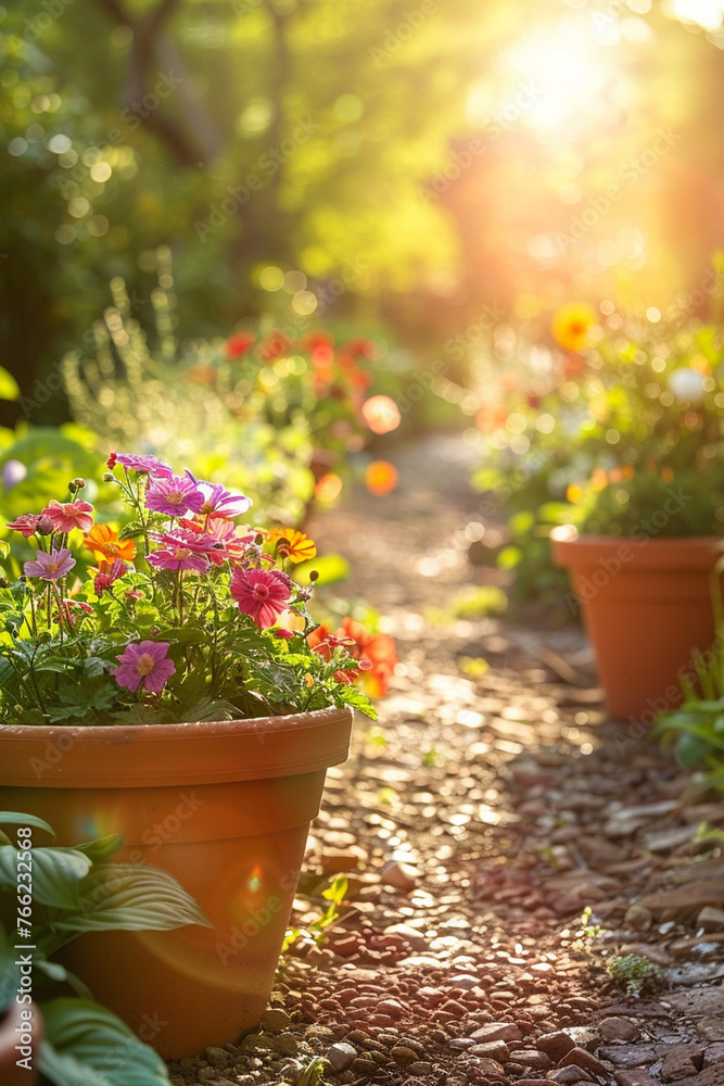 Sunlit flower pots on garden path spring gardening