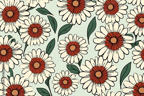 Daisy pattern  hand draw  simple line  green and maroon