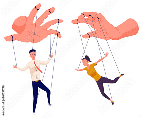 Puppeteer hands controlling puppets, manipulator concept. Worker being controlled by puppet master. Manipulates peopl like puppets. Employer domination exploitation or authority manipulator