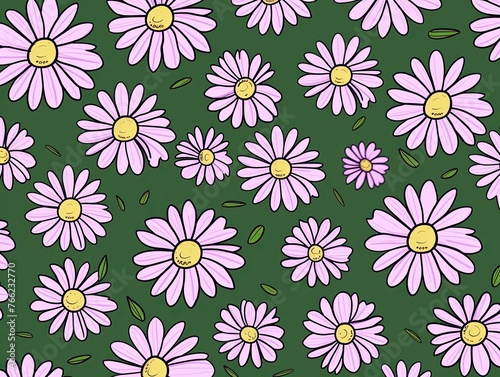 Daisy pattern, hand draw, simple line, green and mauve