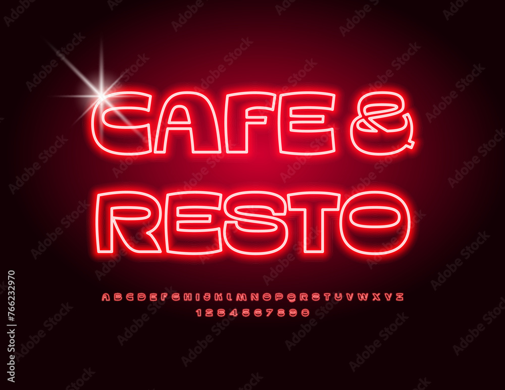 Vector glowing poster Cafe  Resto. Cool Electric Font. Neon Red Alphabet Letters and Numbers.