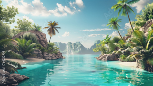 A serene tropical paradise with clear water surrounded by lush palm trees and mountains