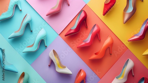 Vibrant stilettos scattered on a canvas of pastel blocks