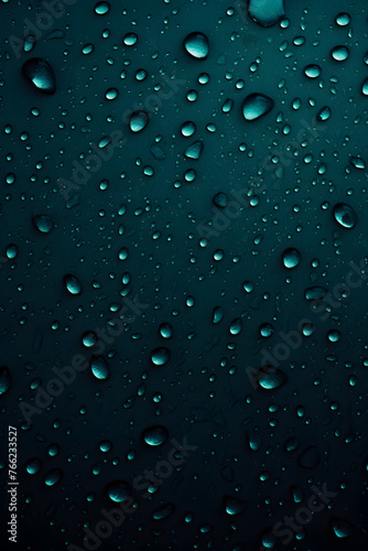 Close-up photo highlighting the detailed texture of water droplets on a deep green surface, conveying a moody, fresh feel