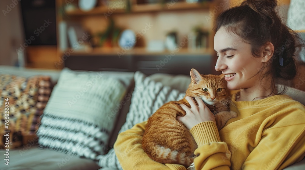 Woman hugging cat on couch in living room