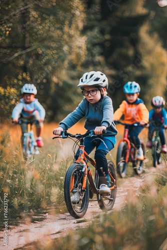 Kids in helmets riding bikes like in race together on the road in field  © Fabio