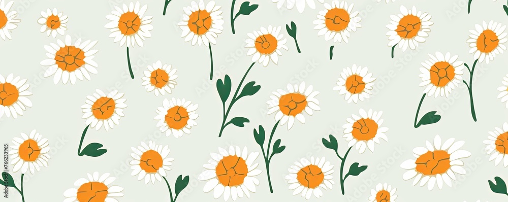 Daisy pattern, hand draw, simple line, green and orange