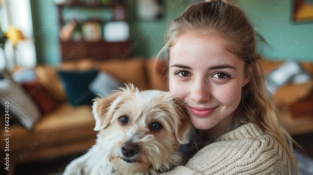 Woman with dog in living room Woman with dog in living room