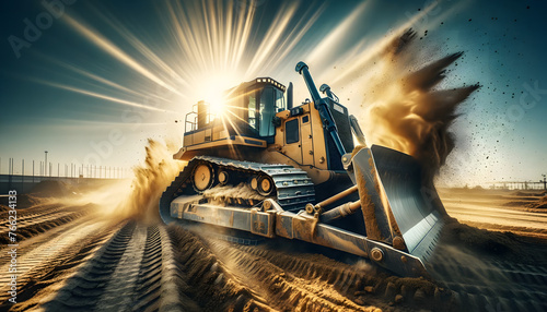 Bulldozer on the construction site. Tracked machine with excavation
