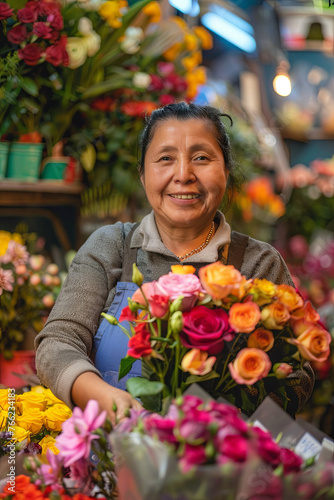 Smiling florist flower shop colorful making bouquet roses market
