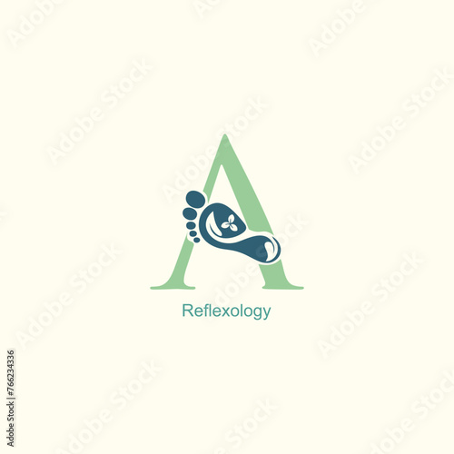 Reflexology logo design with letter and foot clinic unique concept premium vector